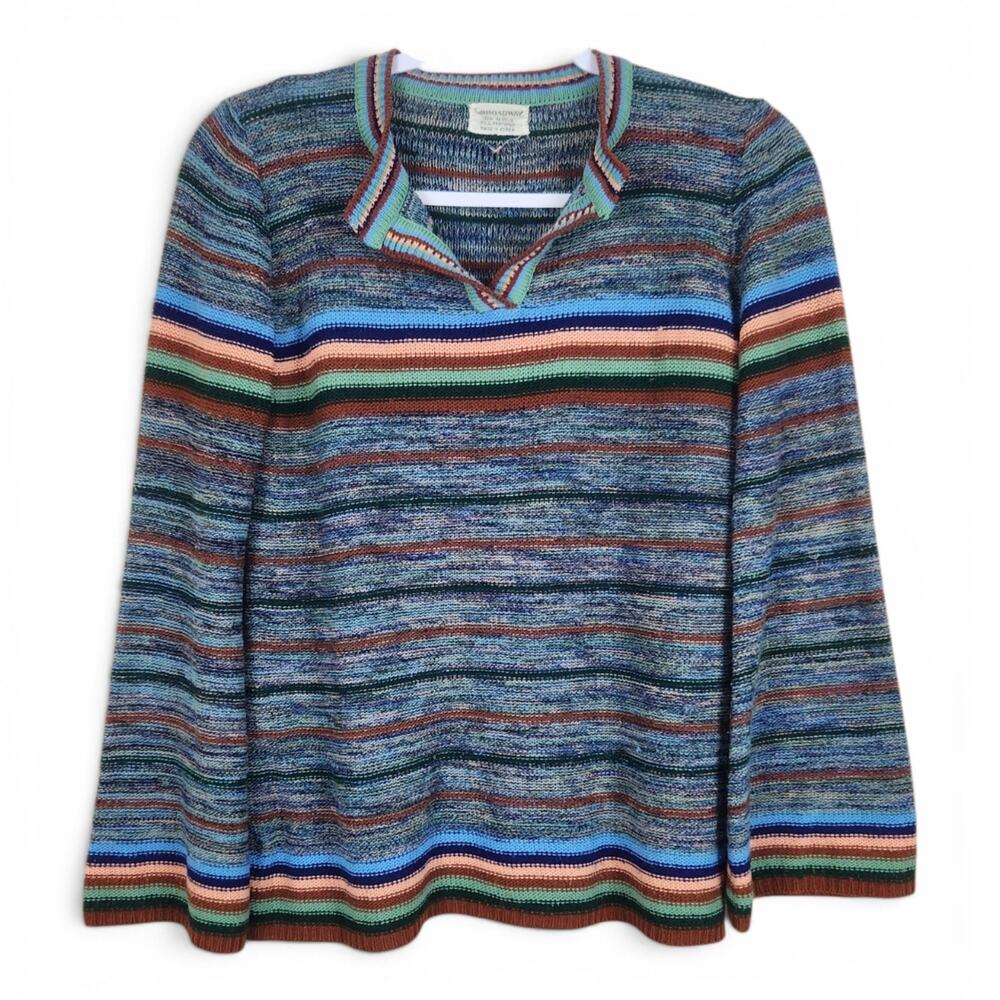 70s Vintage Multi-Color Striped Knit Sweater Women M/L Flare Sleeve Split Neck